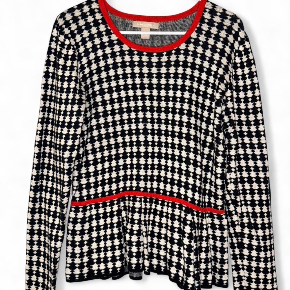 Banana Republic Black and White Long Sleeve Top with Red Trim